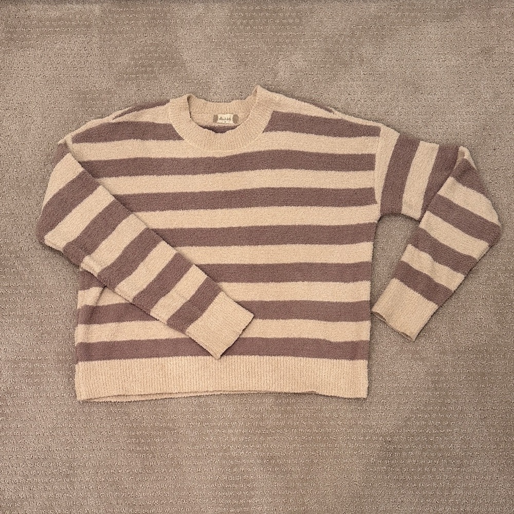 Altar'd State Women's Striped Cream and Brown Pullover Cropped Sweater, Medium